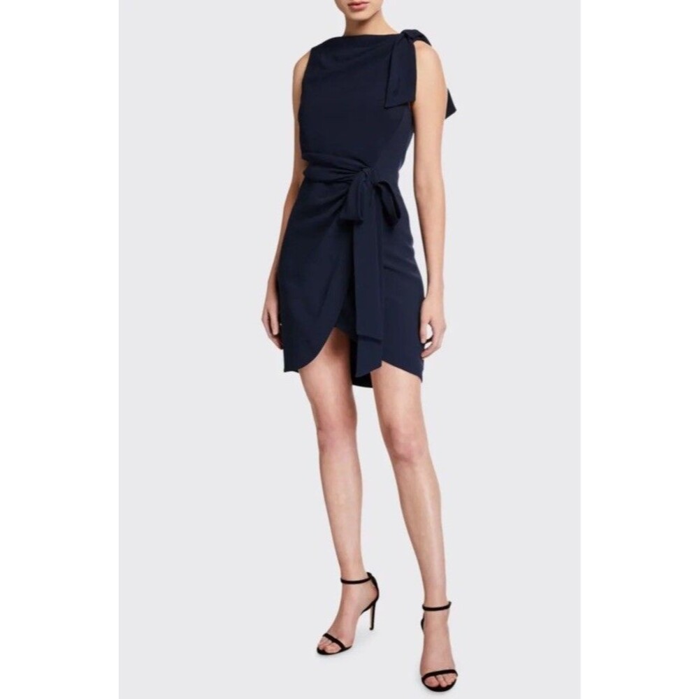 Cinq A Sept Nanon Drapey Bow Dress Mini Faux Wrap Sleeveless Navy Blue Size 10